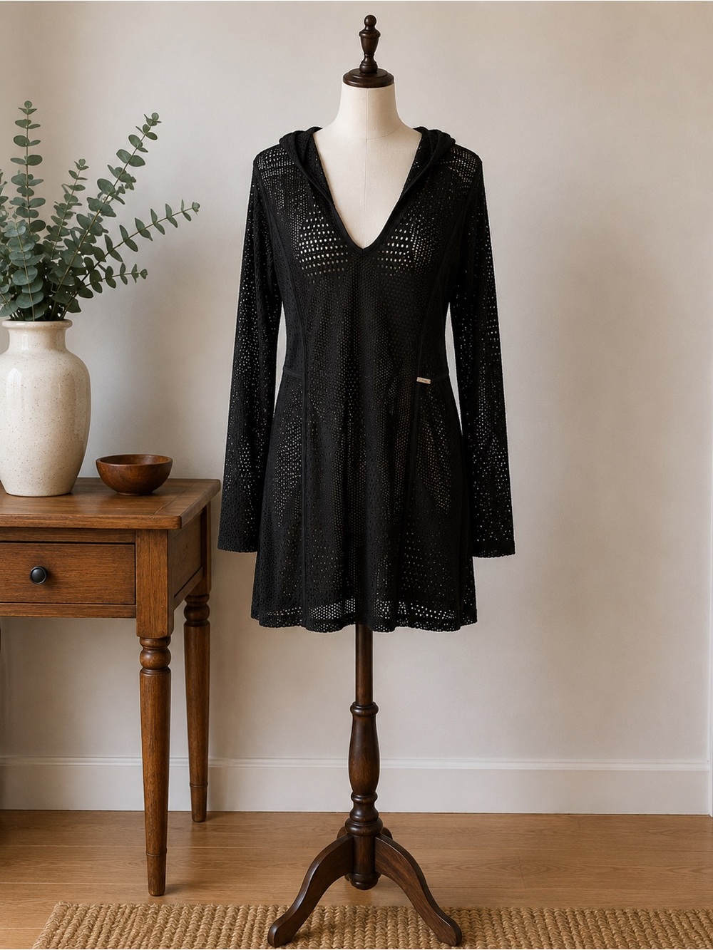 Calvin Klein Black Mesh Hooded Swim Cover Up Beach Cover-Up Size Large